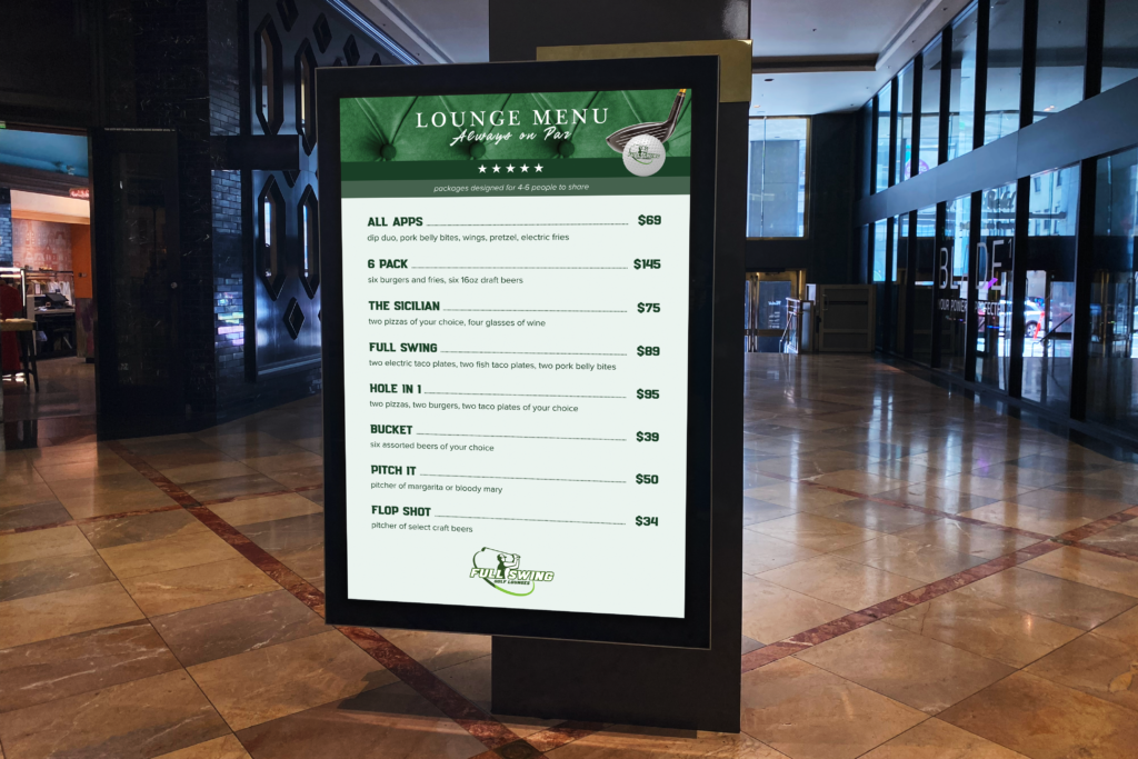 Full Swing Golf Lounge Menu Signage